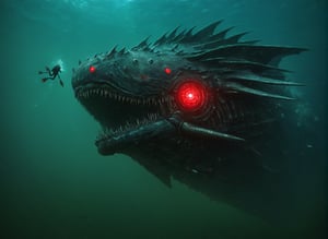 Mechanical Leviathan, giant steel jaws, giant underwater monster,grow red eyes, deep ocean floor, soft lighting, dark colors, dark aura, horror, Leviathan sea monster,zavy-cbrpnk