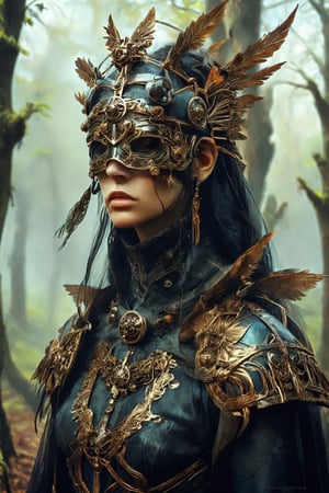 shaman head CROWN,(Wearing ww1 military gasmask),woman dressed as a witch standing in the woods, a portrait, tumblr, gothic art,Corps paint face, thorn crown, beautiful female god of death,style,LegendDarkFantasy,bl1ndm5k
