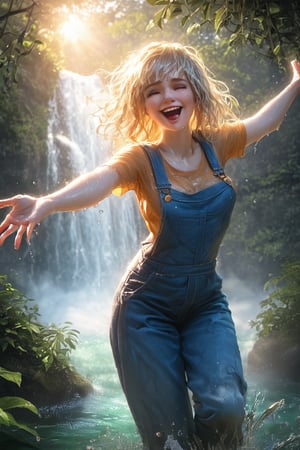 1Girl,Radiant scene of an American girl, in overalls standing under a majestic waterfall,Golden sunlight filtering through mist, creating rainbow prisms. Girl with wet blonde hair and freckles, laughing with joy. Overalls clinging to her form, soaked by cascading water. Bare feet on mossy rocks. Surrounding lush greenery glistening with spray Powerful water flow creating white foam and sparkling droplets,wet body, wet clothes, Ethereal glow enveloping the scene. Girl's outstretched arms embracing the natural power. Background of towering cliffs and blue sky peeking through trees. Photorealistic style capturing the vibrancy of youth and nature's beauty."