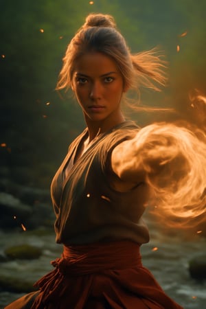 A dedicated kung fu master,a striking Nordic woman,
 engages in rigorous training, surrounded by serene landscapes that reflect the essence of ancient martial arts,
skilled practitioner,  embodies strength and elegance in her movements. Her disciplined practice aims to attain profound martial wisdom and mastery,The scene captures the fusion of martial arts 