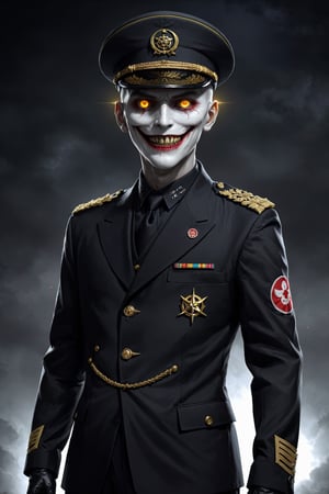 Fearsome and formidable enemy, unusually slender man,grim face,queer smile, a vampire man, crazy face, 35Yo,((eerily glowing golden eyes)), a deeply worn military cap, and dressed in the formal attire of the old Japanese army, he exudes an aura of authority,((black shroud)),His military uniform features a tailored jacket decorated with intricate details and traditional symbols, white gloves marked with a pentagram,pentagram,zavy-cbrpnk,Hiro Crazy Dimension
