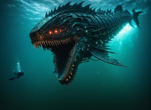 Mechanical Leviathan, giant steel jaws, giant underwater monster, deep ocean floor, soft lighting, dark colors, dark aura, horror, Leviathan sea monster,zavy-cbrpnk,circuitboard