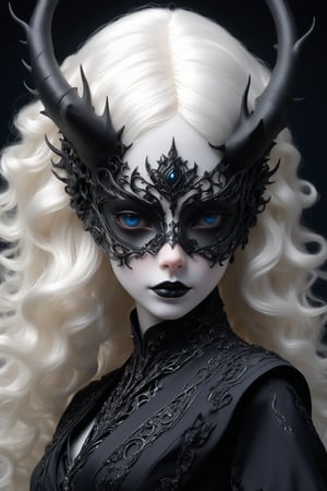 albino demon Princess,Beautiful blue eyes,(Long deer horn: 1.2),black metal mask with a geometric pattern,((mask))
,dressed in a cyberpunk-inspired Rococo dress. The doll features intricate joints, allowing for lifelike poses. Her dress merges the ornate elegance of Rococo with futuristic cyber elements. The fabric is a mix of rich silks and metallic materials, adorned with elaborate lace and digital patterns that glow subtly, while the skirt flares out in layers, combining traditional Rococo volume with sleek, modern lines. Her hair is styled in a powdered wig, interwoven with fiber optic strands, ,