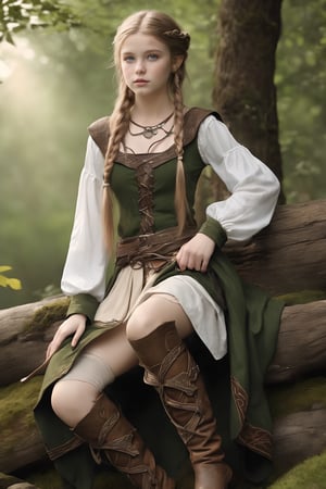 1 girl,elf traveler, combines rugged practicality with elfin elegance in attire inspired by medieval Nordic fashion, wearing Celtic-inspired garments, cowboy chaps, thigh-highs, tunics and cloaks, and an air of elegance.,Young Girl