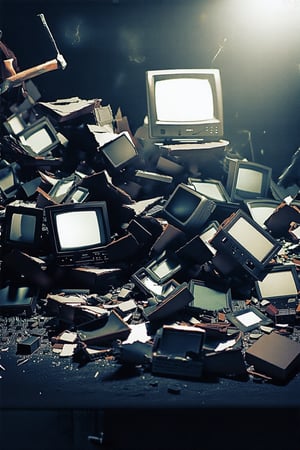 Aftermath of TV destruction. Pile of smashed monitors, broken screens, exposed circuitry. Hammer visible among debris. Shattered glass, bent frames. Dim lighting, dust in air. Close-up view, various TV sizes. High-contrast photorealistic style, desaturated colors. Focus on destruction details and textures."