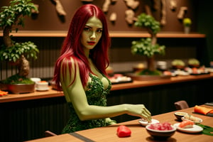  Beautiful woman resembling Poison Ivy behind high-end sushi counter. Wearing revealing dress made of living plants, vines, and leaves. Long, flowing red hair with green highlights. Pale green skin. Making sushi with graceful, sensual movements. Provocative gaze directly at viewer. Sushi ingredients spread before her. Background: luxurious Japanese restaurant, dim warm lighting. Bonsai trees, ikebana arrangements visible. Ivy tendrils creeping along countertop. Hands delicately forming nigiri. Photorealistic style with fantasy elements. Sharp focus on Ivy, slight blur on background. Color palette: rich greens, wood tones, pops of red and white. Soft, warm lighting emphasizing curves and creating mysterious atmosphere,((SFW))