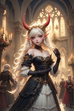 albino demon little queen, (long intricate horns), a sister clad in gothic punk attire, her face concealed behind a striking masquerade mask. She exudes an air of mystery and allure as she moves gracefully through the dimly lit corridors of the cathedraragon-themed,Christmas Fantasy World