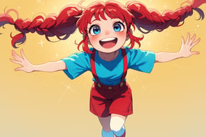 1 little girl,9yo,Pippi Långstrump,Adorable energetic and adorable girl,bright red hair tied in pigtails, A face full of freckles, sparkling blue eyes, a big smile, an oversized blue shirt hanging loosely, long socks with suspenders of different colors on each side, and an energetic pose,The sunlit background suggests a carefree summer day,
Vibrant color palette. Expressive manga style with detailed textures