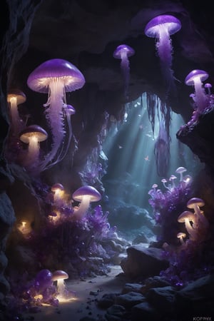 Magical amethyst cave with gemstone mushrooms,Glowing purple crystal walls. Diverse mushrooms made of rubies, sapphires, emeralds, topaz, and amethysts. Quartz clusters and crystal stream. Gem-winged butterflies. Soft, ethereal lighting,
((floating jellyfish)),man's shadow,
Photorealistic textures with fantastical elements. Ultra HD, focus on light play and gem translucency,Epic Caves,Amethyst ,,scenery,Jellyfish 