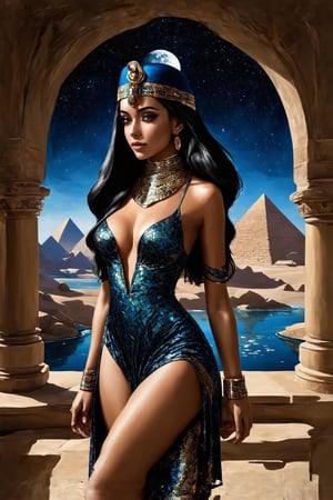 Super realistic photos,
1girl,Cleopatra, ancient Egyptian queen,perfect face,perfect anatomy,hide hands,
luminous mosaic pattern night dress, iridescent fabric, form-fitting silhouette, plunging neckline,large breasts,dark skin, high leg slit, regal pose, golden snake armband, ornate collar necklace, cat-eye makeup, kohl-lined eyes, flowing black hair, royal uraeus headdress, shimmering fabric catching moonlight, desert palace balcony, pyramids in distance, starry night sky, reflection in Nile river, oil painting style, hyper-realistic details, ethereal glow, haute couture meets historical, mysterious allure, digital art,ek_art_b00ster