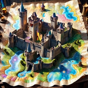 Magic Parchment,Top view of holographic magic map (3-D), Fénis Castle, Italy, three-dimensional depiction, emerging from a magic map, majestic fortifications, towering ramparts, double battlements, towers, intricate architecture, courtyard in the center of the keep, enchanting views of the Italian countryside, the map is lifted from paper It appears to float and sit on a wizard's desk. magic multicolor ink, high quality, imagination, 8K, fantasy art, vivid magical colors, style painting magic, map, itacstl