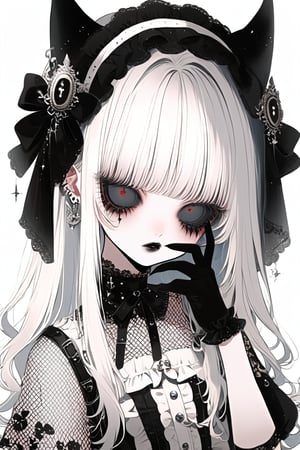 Shoujo manga style,1girl,ultra cute, Harajuku Style grunge fashion with kawaii and Lolita themes, albino demon girl,(pure white 
long hair),(black sclera;1.2),luxury mesh fishnet blouse,dal-1,ct-niji2,black hands