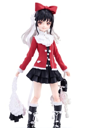 Chibi,3D Figure,1girl, solo, long hair, looking at viewer, bangs, skirt, simple background, shirt, black hair, long sleeves, white background, dress, bow, ribbon, standing, full body, hair bow, boots, frills, socks, black footwear, ((full body)), BREAK, looking at viewer, knee,  warm smile,3D MODEL, full body, chibi,cute, (white pure background), white theme, simple backgroup, ,figma
