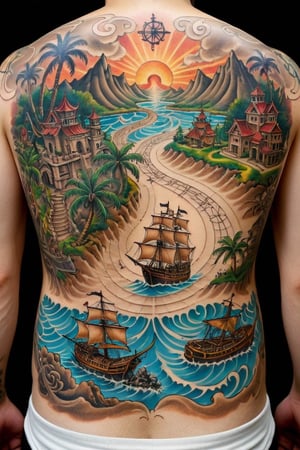 Imagine a detailed pirate treasure map tattooed on someone's back. The tattoo features intricate lines and shading, depicting ancient scroll-like parchment. Key landmarks such as palm trees, mountains, and a winding path lead to an "X" marking the treasure's location. Ships, sea monsters, and compass roses adorn the map, adding to its adventurous and mysterious feel. This vivid and elaborate tattoo transforms the back into a canvas of exploration and hidden riches.,FuturEvoLabTattoo