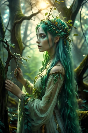 1girl,eternal forest fairy,Enchanted forest scene with a Skogsrå,Beautiful woman with long green hair, putting a tree branch in her hair,
Magical surroundings, ancient trees,misty air, Ethereal lighting, dappled sunlight, Dress of living plants. Hidden fantastical creatures,High fantasy style, photorealistic details, vibrant green and gold palette,Depth of field effect,,Wonder of Beauty