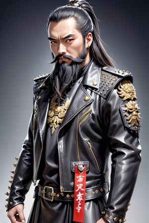 Guan Yu, (very very long beard:1.8),
Legendary General Guan Yu, punk rock fashion, modern interpretation, bold and rebellious style, leather jacket with a contemporary edge, clad in leather and studs