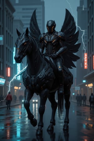 Cyberpunk-style knight on a cyborg horse, digital art. Sleek black cyber-suit with glowing neon blue accents. Imposing black helmet with tinted visor, displaying holographic HUD. Mechanical wings on the back, folded, made of black carbon fiber with exposed circuitry. The cyborg horse is a fusion of organic and mechanical parts, with visible hydraulics and armor plating. Neon lights trace the horse's muscular structure. The knight wields an energy lance, crackling with electricity. Urban night backdrop with towering skyscrapers and flying vehicles. Rain-slicked streets reflect neon signs. Atmosphere is gritty and high-tech. Hyperdetailed textures on the armor and horse's cybernetic parts. Color palette dominated by blacks, silvers, and electric blues. Dynamic pose, suggesting movement and power. Lighting emphasizes the contrast between shadow and neon glow.,Angelic Knight,F-GVA Armour Suit