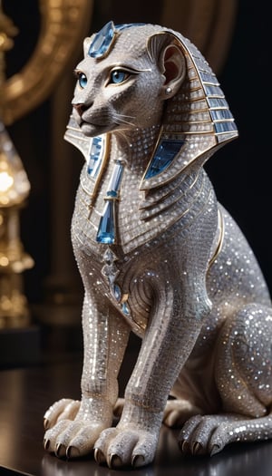 A dazzling Sphinx sculpted entirely from diamonds gleams under the radiant light. Each facet of the majestic creature's form sparkles with the brilliance of meticulously arranged diamonds, creating a mesmerizing spectacle. The precision and elegance of the diamond craftsmanship bring the Sphinx to life, casting a celestial glow and adding an opulent touch to this magnificent creation.