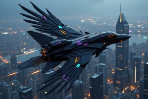 "A futuristic, high-tech fighter jet in a sleek, cyberpunk style, soaring through the sky with mechanical black wings resembling those of a raven. The jet's design is angular and cutting-edge, with neon lights in hues of electric blue and violet tracing along its dark, matte-black body. The wings are intricate, made of segmented metal plates that give a feather-like appearance, with glowing accents that pulse as the aircraft moves. The jet's cockpit, with a minimalistic but advanced HUD display, is streamlined into the overall body. Below, a sprawling cityscape of towering skyscrapers and neon lights shines, enhancing the cyberpunk atmosphere as the fighter jet streaks through the air like a futuristic bird of prey.",Angelic Knight