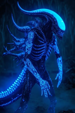 A menacing Alien Xenomorph with its entire body covered in intricate, exotic tattoos. The tattoos glow bright blue under UV light, creating an eerie, bioluminescent effect across its exoskeleton. Intricate patterns reminiscent of ancient alien hieroglyphs and cosmic symbols adorn its elongated head, ribbed torso, and segmented limbs. The creature's signature double jaw is accentuated by swirling tattoo designs. Its long, deadly tail features spiraling luminous patterns. The Xenomorph stands in a dark, mist-filled environment, with only the UV-reactive tattoos illuminating its biomechanical form. Hyper-detailed textures, 8K resolution, dramatic lighting emphasizing the glowing blue tattoos against the creature's dark exoskeleton.,MechaCyborg69,uvtattoo