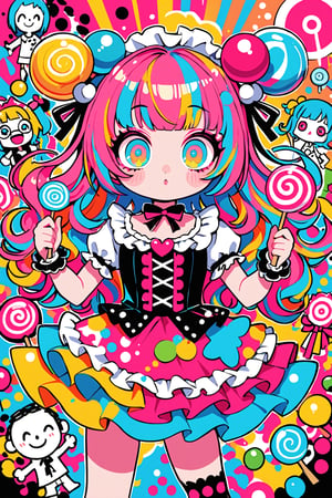 children's doodle style,
Colorful pop art, candy pop, lollipop punk, brightly colored berry beans, emo pink lolita girl,big Eyes,A dress made of jelly and ice cream,
 maximalism designemo,dal-6 style,Color Splash