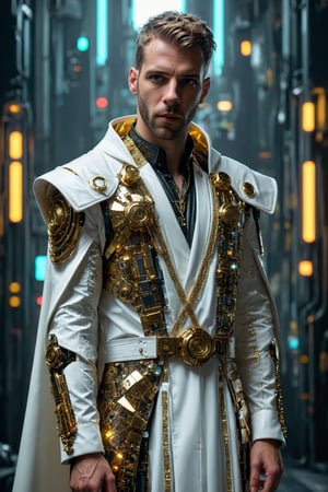  young priest, adorned in a stunningly luxurious robe, blending white and gold with elements of cyberpunk style. His robe, crafted from opulent fabrics, shimmers with metallic accents and intricate patterns that evoke a sense of grandeur and elegance. The traditional priestly attire is reimagined with futuristic elements, such as glowing LED trim and sleek metallic accessories. His cyberpunk-inspired collar and cuffs add a modern twist to the classic garment, while ornate cybernetic symbols adorn his vestments, hinting at a connection to the digital realm,circuitboard