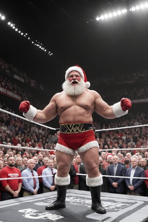  Santa Claus stepping into the wrestling ring, ready to throw down in a festive, high-energy match,Dressed in a uniquely designed wrestling costume, Santa exudes strength and charisma as he faces off against an equally enthusiastic opponent. The crowd cheers in anticipation, witnessing the epic collision of holiday cheer and powerful wrestling moves in this one-of-a-kind Christmas showdown,Sign with ECW written on it,