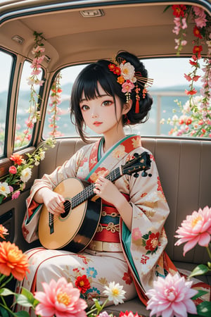 1girl, a beautiful geisha playing the shamisen inside a car adorned with an abundance of flowers.She is dressed in a vibrant kimono, with flowers adorning her hair. The interior of the car is filled with colorful blooms, creating a fragrant atmosphere as the geisha's music fills the space.,Geisha