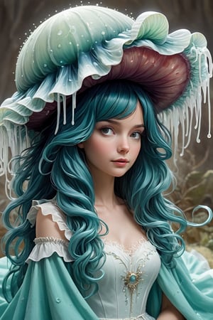 Wonderland,1girl,(Jellyfish hat:1.2),
Witch wearing a hat inspired by an jellyfish, hat with delicate ribbons hanging down like tentacles, iridescent beads sparkling green, flowing dressing gowns, deep blue and turquoise reminiscent of the deep sea, necklace decorated with shells and pearls,
,a1sw-InkyCapWitch,Jellyfish 