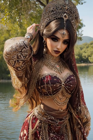 ultra Realistic,Extreme detailed,Oil Painting,Arabian Atmosphere,solo,Middle Eastern Noblewoman,heavy Gothic makeup,elegance of traditional,vibrant colors and intricate patterns, Middle Eastern clothings,Tight, form-fitting outfits,Wears a lot of chains,
Colour-catching ornaments,Excessive decoration,
 creating a sense of movement and depth,
Lake in the forest,
((Dancing In the lake)),
Masterpiece,photorealistic,ME_beauty,1 girl,Detailedface,Realism,3va,goth girl,(MakeMeUp),oil painting