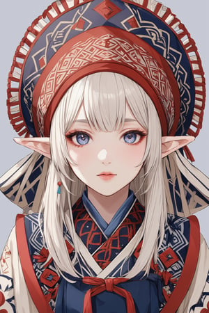  a beautiful Albino elf girl,elf ear, wearing traditional Ainu attire, adorned with intricate embroidery and patterns symbolizing Ainu culture, Her garments include a dress and apron,Completing her look is a unique headpiece that enhances her beauty,With pride in Ainu culture,Misery Stentrem,Nina Aslato