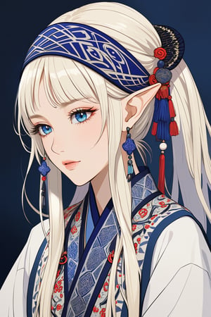  a beautiful Albino elf girl,elf ear, wearing traditional Ainu attire, adorned with intricate embroidery and patterns symbolizing Ainu culture, Her garments include a dress and apron,Completing her look is a unique headpiece that enhances her beauty,With pride in Ainu culture,Misery Stentrem,Nina Aslato