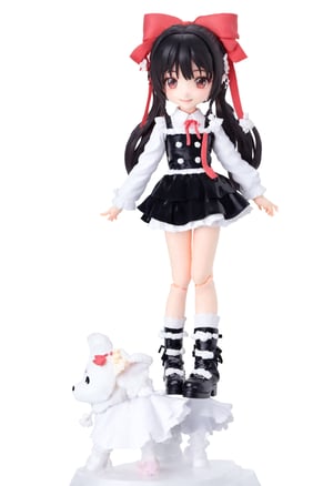 Chibi,3D Figure,1girl, solo, long hair, looking at viewer, bangs, skirt, simple background, shirt, black hair, long sleeves, white background, dress, bow, ribbon, standing, full body, hair bow, boots, frills, socks, black footwear, ((full body)), BREAK, looking at viewer, knee,  warm smile,3D MODEL, full body, chibi,cute, (white pure background), white theme, simple backgroup, ,figma