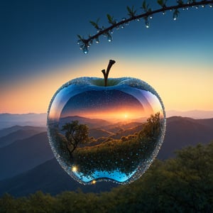 ((a delicate big apple) ), made of diamond hung on branch in a beautiful dawn, in the background beautiful valleys, (Dew drops) , divine iridescent glowing, opalescent textures, volumetric light, ethereal, sparkling, light inside body, bioluminescence, studio photo, highly detailed, sharp focus, photorealism, 8k, best quality, ultra detail:1. 5, hyper detail, hdr, hyper detail, ((universe of stars inside the apple) )