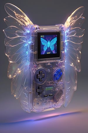 Transparent Body Game Boy, with angelic wings sprouting from its sides hovers gracefully in the air, its buttons and screen aglow with a soft celestial light. The wings, delicate yet radiant, seem to pulsate with a divine energy, lending an ethereal quality to the device.,wings