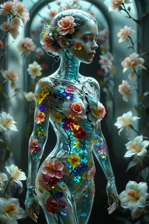 1girl,solo,Transparent glass female cyborg,
Fractal pattern petals embedded in the body, Skeleton and organs made of vibrant flowers. Mechanical joints visible. Heart of roses, lungs of hydrangeas, brain of orchids. Flowers spilling from slight cracks. Soft backlighting emphasizing transparency. Elegant pose. Simple futuristic background. Photorealistic style with high detail on glass and floral elements,Clear Glass Skin,tranzp