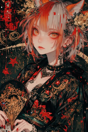 Anime-style illustration of a gothic punk girl in an ornate kimono. Close-up portrait with intense, golden cat-like eyes and a subtle smirk. Short, messy hair with split coloring: half vibrant orange-red, half white. Pale skin with small red markings under the eyes. Dark, elaborate kimono adorned with intricate patterns, red star motifs, and metallic gold accents. Multiple ornate pieces of jewelry, including earrings and hair accessories. Visible pale hands with long red nails, holding a decorative fan. Background features a mix of traditional Japanese and gothic elements, with swirling patterns and splashes of red. Overall dark and moody atmosphere with a touch of rebellion. High contrast lighting emphasizing the character's striking features. Highly detailed artwork with a mix of traditional and digital painting techniques,watercolor \(medium\),PorcelainDollPrincess,REALNIME