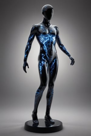 ((Transparent faceless glass mannequin)), human form with smooth, featureless surface. Entire glass body filled with swirling, electric blue plasma, lightning bolts crackling within. Ethereal glow emanating from figure, illuminating surroundings. Standing in dark, minimalist space. Intricate light refractions and reflections on glass surface. Hyper-realistic rendering of glass and electrical phenomena. Seamless blend of solid form and fluid energy. Surreal, sci-fi aesthetic. Dramatic lighting highlighting internal plasma storm