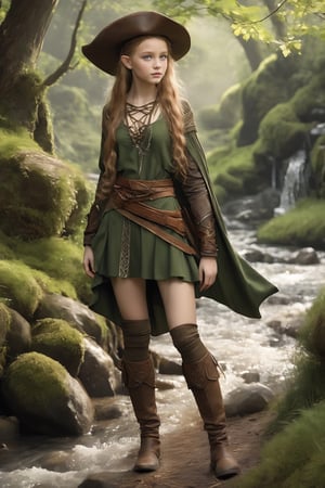 1 girl,elf traveler, combines rugged practicality with elfin elegance in attire inspired by medieval Nordic fashion, wearing Celtic-inspired garments, cowboy chaps, thigh-highs, tunics and cloaks, and an air of elegance.,Young Girl