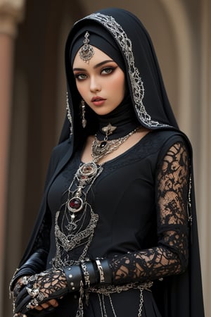 extreme realistic,1  woman,Beautiful middle eastern woman,adorned in a striking fusion of traditional Islamic ethnic attire and edgy Gothic punk fashion. Envision her wearing a sleek, floor-length abaya embellished with intricate lace patterns and adorned with chains and studs, giving it a modern and rebellious twist. Picture her hijab transformed into a statement piece, featuring bold prints or dark, dramatic colors, accented with metal spikes or safety pins. Imagine her accessorizing with chunky leather boots, fingerless gloves, and layered chains, ,photo_b00ster,Mavelle