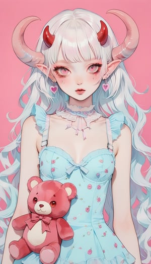 1girl, albino demon girl, (long devil horns) ,heavy makeup, earrings,candycore outfits,pastel aesthetic,
Clothes with teddy bear prints inspired by Decora, cute pastel colors, Pastel Blue,
,beautiful red eyes , heart,,emo,kawaiitech,dollskill