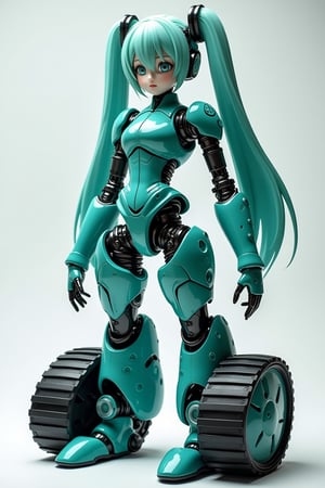 Hatsune Miku, Hatsune Miku's lower body has been changed to a caterpillar, the upper body maintains Hatsune Miku's iconic appearance with twin-tailed hair, a futuristic and sophisticated outfit that reproduces the classic costume,
The lower body transforms into sturdy tank-like treads in teal with neon blue accents, and mechanical joints connect the humanoid torso to the track base.
A fusion of cute pop idol aesthetics and solid mechanical design.
Precision mechanical parts, shiny armor plates. The contrast between the soft curves of Miku's design and the angular, industrial-looking lower body.,ct-identity