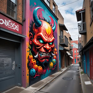  back street,depicting vibrant street art inspired by the theme of Oni, created with rich and colorful oil paint,Envision a dynamic composition featuring vivid hues, bold strokes, and intricate details that bring the demonic theme to life,
Play with contrasts and highlights to intensify the visual impact of the artwork, energy and vibrancy of street art, colorful and fantastical elements Oni,oni style,oil paint