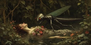 Pre-Raphaelite style painting based on Millais' Ophelia. Lush riverbank scene with drowning woman and eerie mantis-like robot,
Woman: Pale, serene face, arms outstretched in water. Elaborate period dress with embroidered flowers. Floating amidst water plants.

Nature: Dense foliage, wildflowers, reeds. Rich, detailed vegetation in deep greens and earthy tones. Calm, dark water reflecting surroundings.

Composition: Horizontal format, woman centered, surrounded by nature.

New element: Mantis-like robot partly hidden in foliage. Metallic body with insectoid features. Glowing red eyes observing the scene. Size comparable to a large dog.

Style: Hyper-realistic Pre-Raphaelite technique. Meticulous detail in nature and fabrics. Soft, dream-like lighting.

Mood: Juxtaposition of serene tragedy and unsettling futurism. Maintain original painting's melancholic atmosphere with added element of sci-fi unease.

Color palette: Lush greens, earth tones, muted florals. Robot in contrasting metallic hues with subtle red glow.,oil-on-canvas style of classic painting,AbmoilPainting