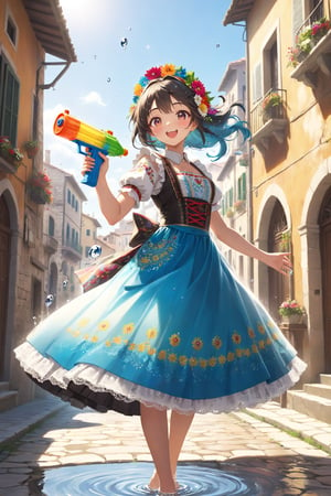 1Girl,Playful Italian girl, in traditional folk costume ,wielding colorful water gun,Ornate embroidered bodice, flowing skirt with regional patterns, lace-trimmed apron. Hair adorned with floral wreath. Joyful expression as she sprays water. Sunlit Italian village square background, ancient stone buildings. Puddles reflecting sky. Dynamic pose, water droplets sparkling mid-air. Blend of tradition and modern fun. Vibrant colors, hyper-realistic details in costume and water effects