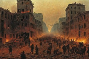 Destroyed town, people fleeing, bombing,
digital artwork by Beksinski