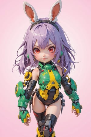 Cute anime girl,child's body shape,
 long lavender hair, bunny ears headband, mechanical costume parts, green and yellow color scheme, oversized paw gloves, thigh-high stockings, skimpy bodysuit,
futuristic bodysuit, red eyes, cheerful expression, dynamic pose, robotic limb attachments, detailed figurine style, high quality render, studio lighting, pastel background, kawaii aesthetic, cyberpunk elements, 8k resolution, hyper-detailed, official artwork,nineten,hand mecha2,sharpanime