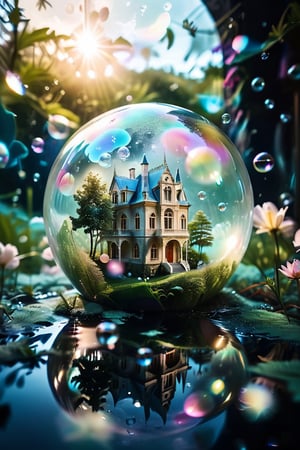 Lots of soap bubbles,A beautiful and delicate mansion trapped in a floating glass ball, several floating in a mysterious and magical space.,bubbleGL,dreamgirl