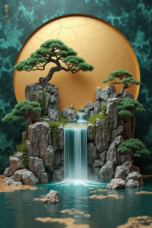 Hyper-realistic 3D render of a traditional Japanese landscape in ukiyo-e style,Circular golden moon backdrop with delicate cracks and textures,Intricate bonsai pine tree with gnarled branches and lush green foliage perched atop a rugged cliff,Dramatic waterfall cascading down rocky outcroppings creating multiple tiers and splashes,Deep turquoise water pool at the base reflecting soft light,Rough textured cliff faces with detailed crevices and weathered appearance,Golden accents and cracks throughout the scene reminiscent of kintsugi art,Rich emerald green marbled background framing the circular composition,Highly detailed water simulation with realistic foam and mist,Soft ambient lighting enhancing the three-dimensional quality of elements,Meticulous attention to scale making the scene appear as a miniature model,Blend of photorealistic textures and stylized ukiyo-e aesthetic,Color palette dominated by deep greens golds and earth tones,Subtle depth of field effect focusing on the central elements,Overall composition balancing traditional Japanese art principles with modern 3D rendering techniques,,vibrant painting,C4D_style,ukiyoe