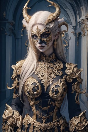 1girl,.albino demon little queen, (long intricate horns), a sister clad in gothic punk attire, face concealed behind a striking masquerade,Gold Embroidery,mask,themed,white_aesthetics,photorealistic,Masterpiece,Realistic,dark fantasy,z1l4,3va,Chromaspots,glowing gold